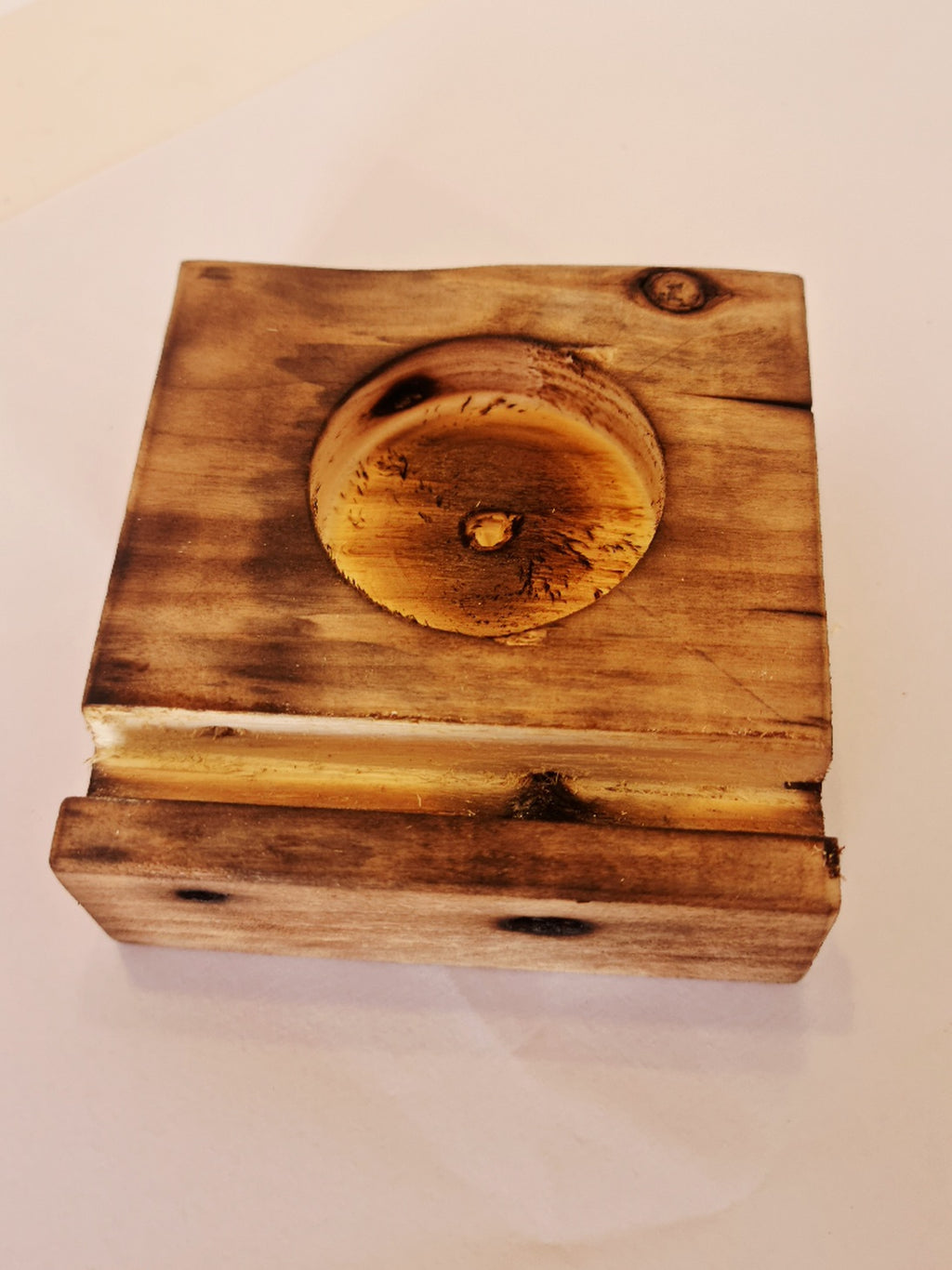 Fused glass heart wave with wooden tealight holder.