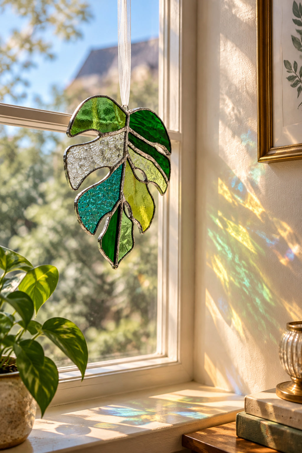 Stained glass monstera leaf.