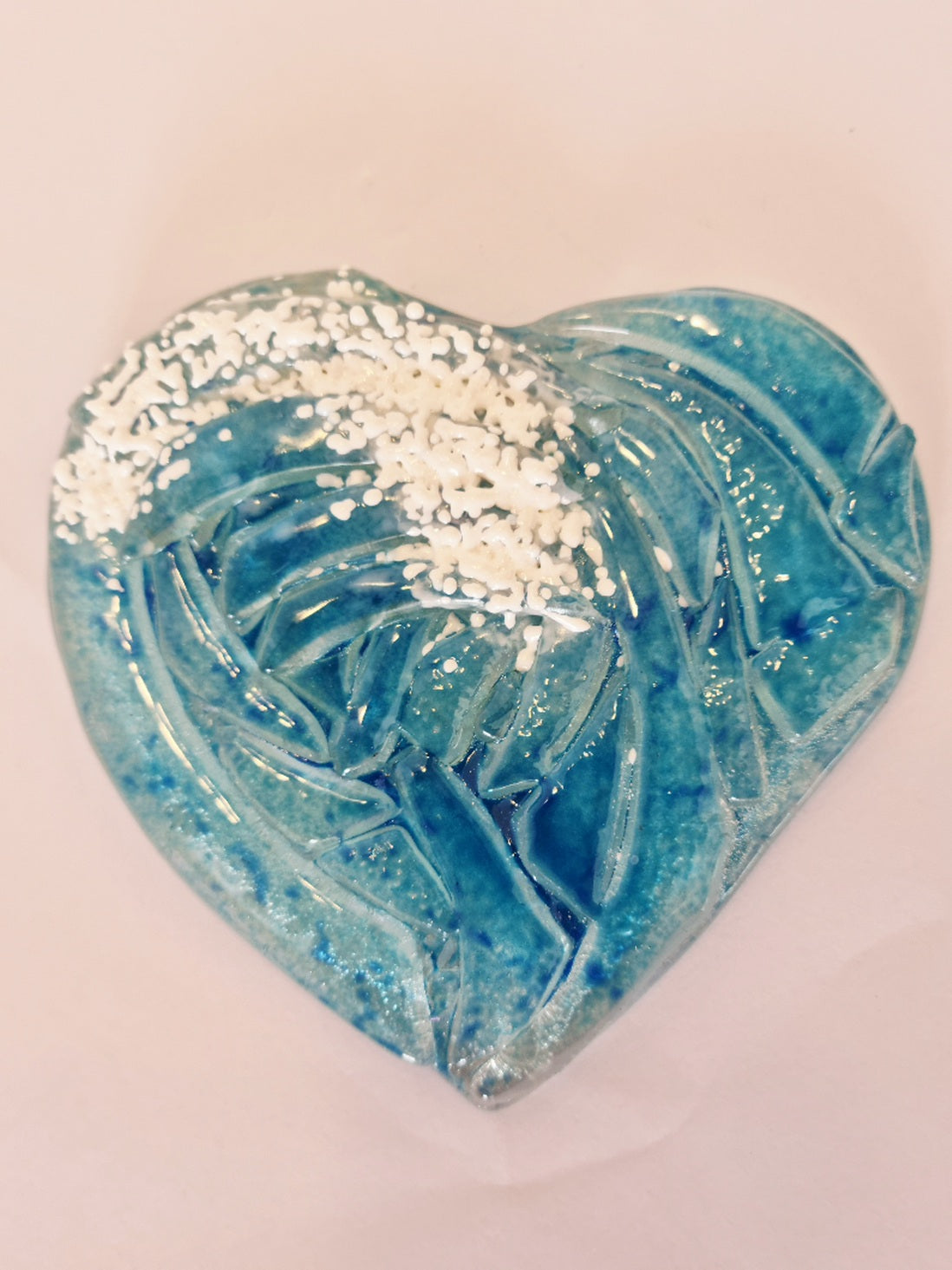 Fused glass heart wave with wooden tealight holder.