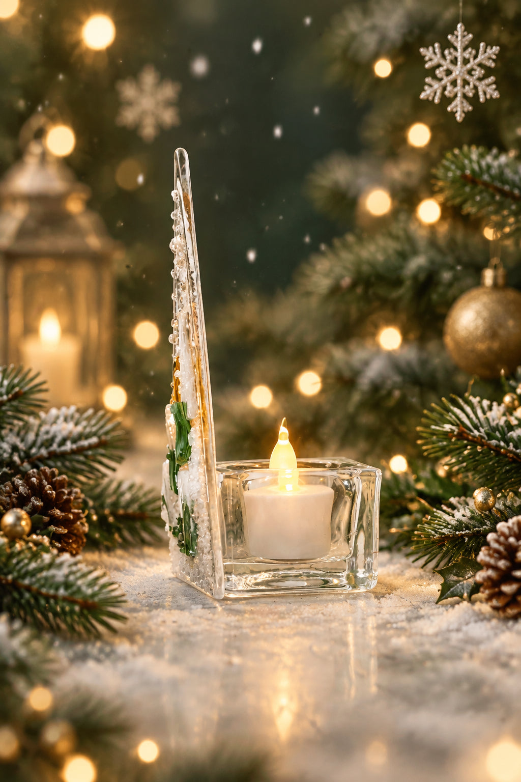 Fused glass Christmas tree tealight holder.