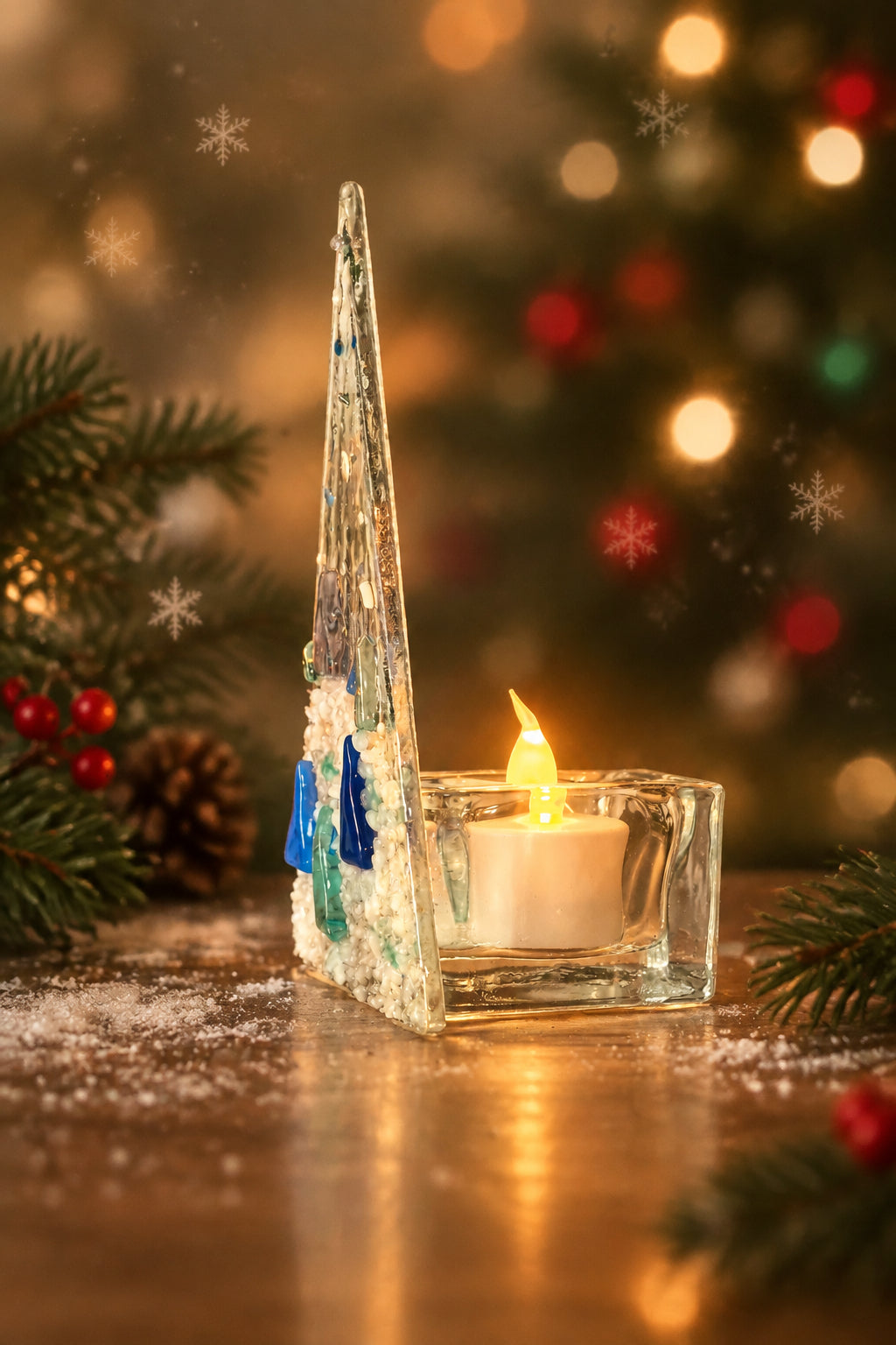 Fused glass Christmas tree tealight holder.