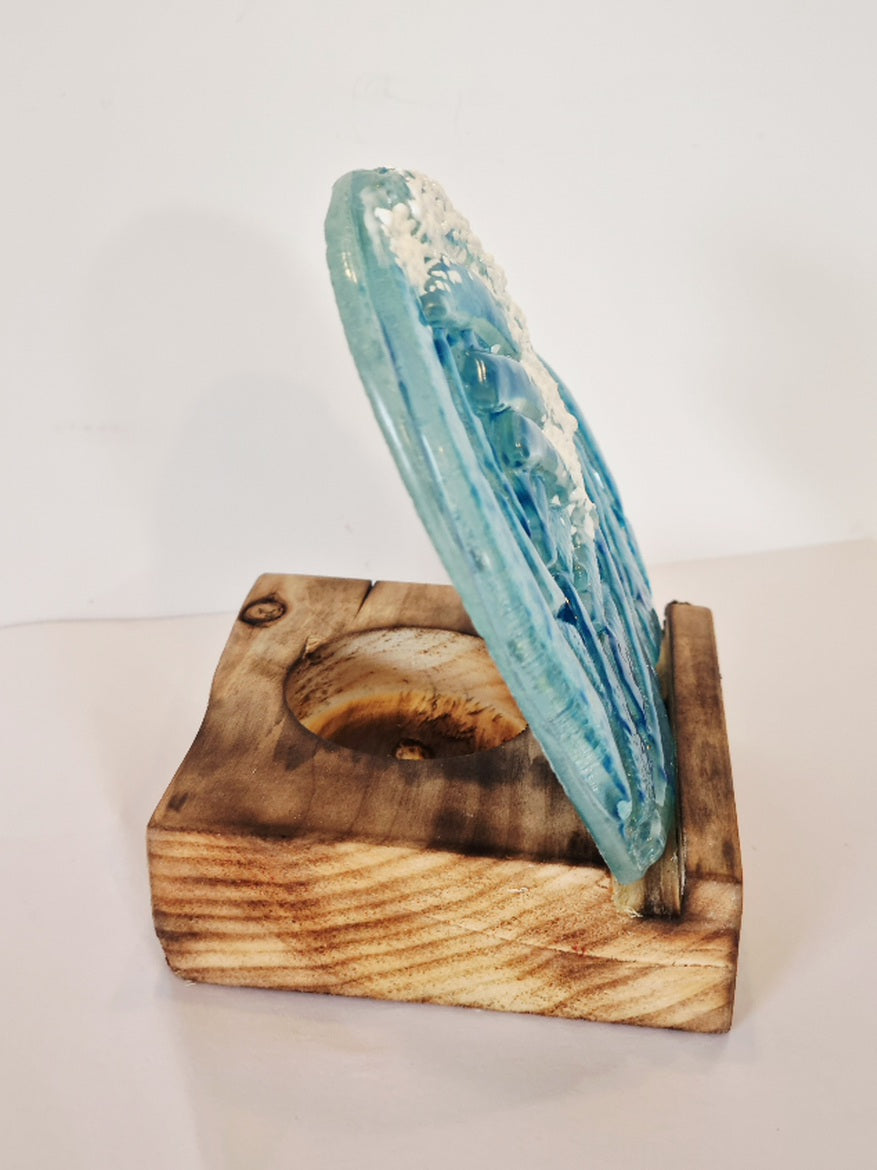 Fused glass heart wave with wooden tealight holder.