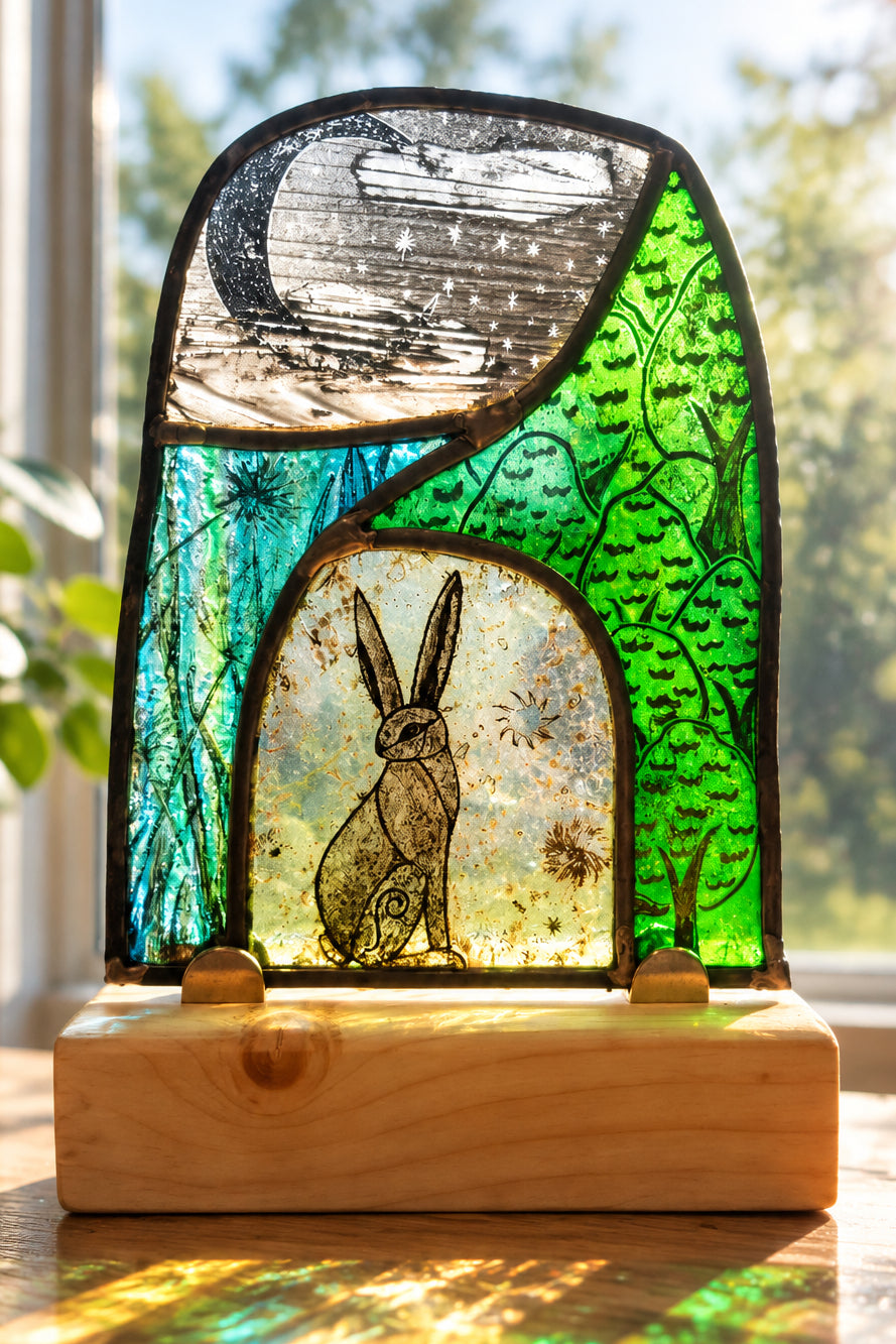 Stunning hare and moon stained glass panel.