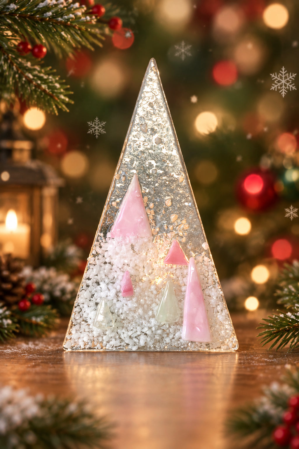 Fused glass Christmas tree tealight holder.
