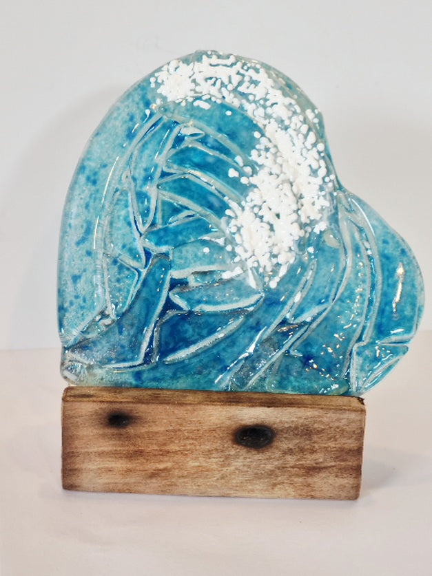 Fused glass heart wave with wooden tealight holder.