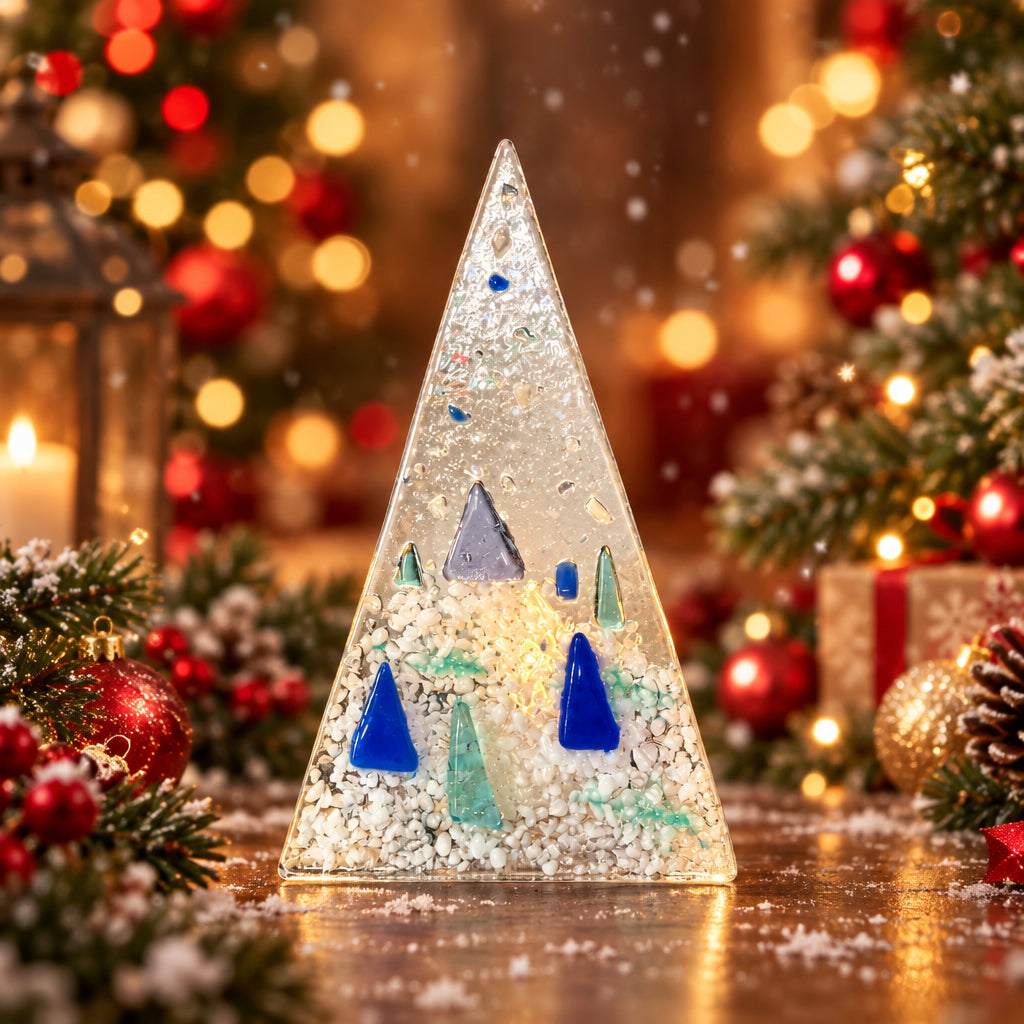 Fused glass Christmas tree tealight holder.