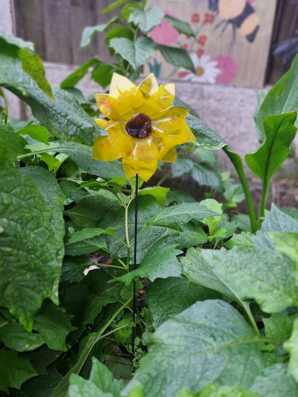 Fused glass garden sunflower stake.