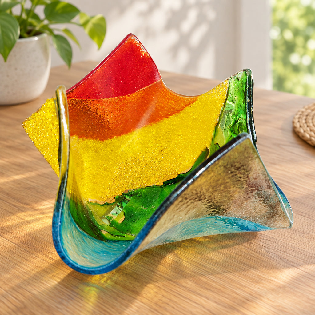 Fused glass rainbow tealight holder.