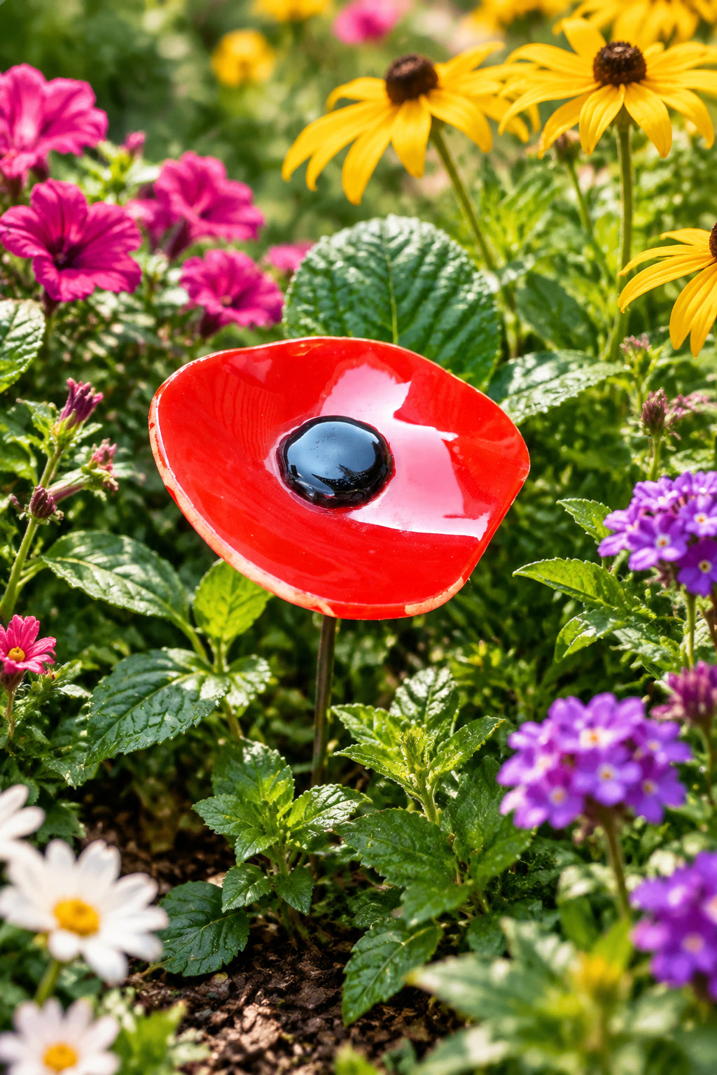 Fused glass poppy bee feeder.
