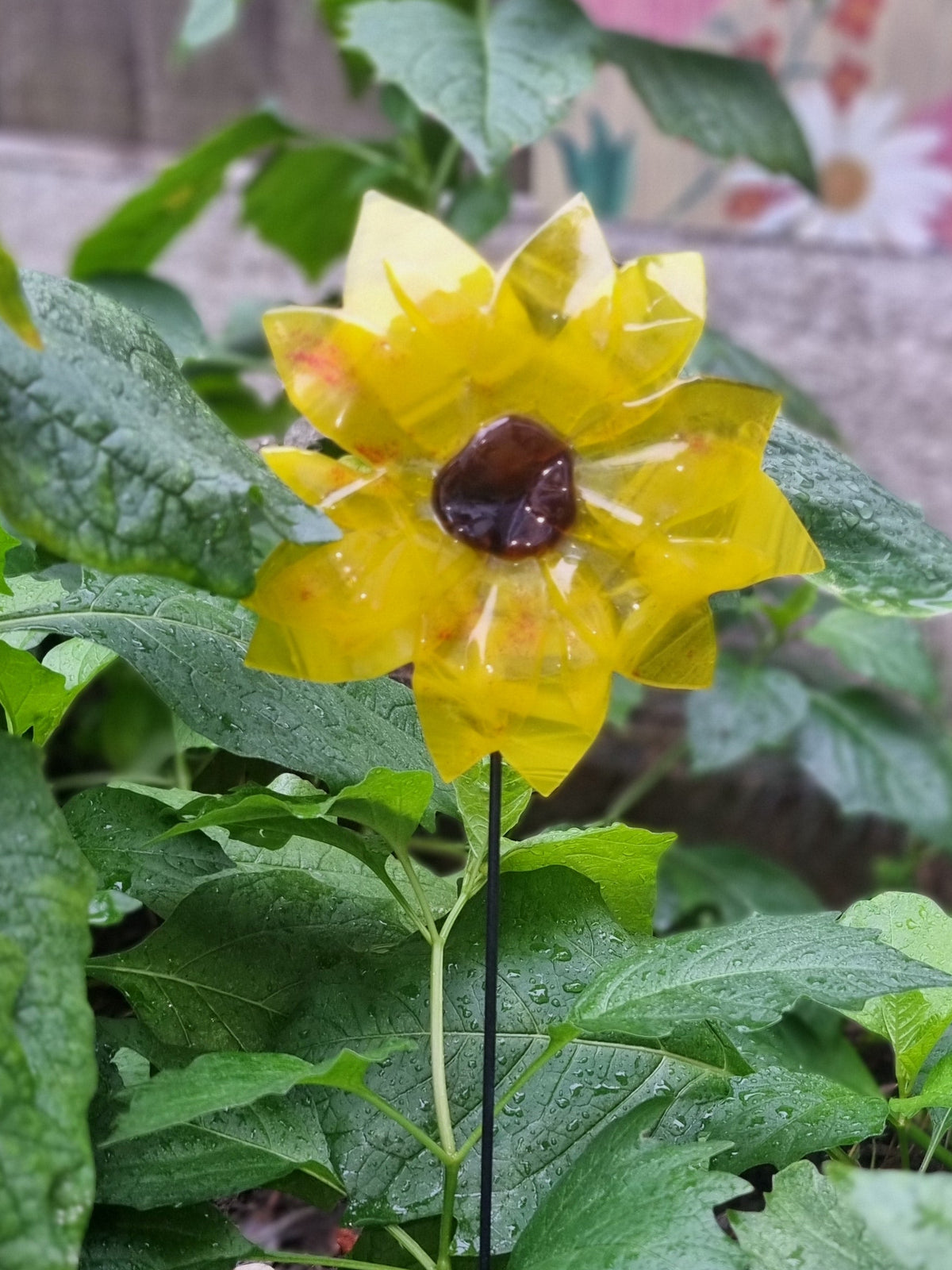 Fused glass garden sunflower stake.